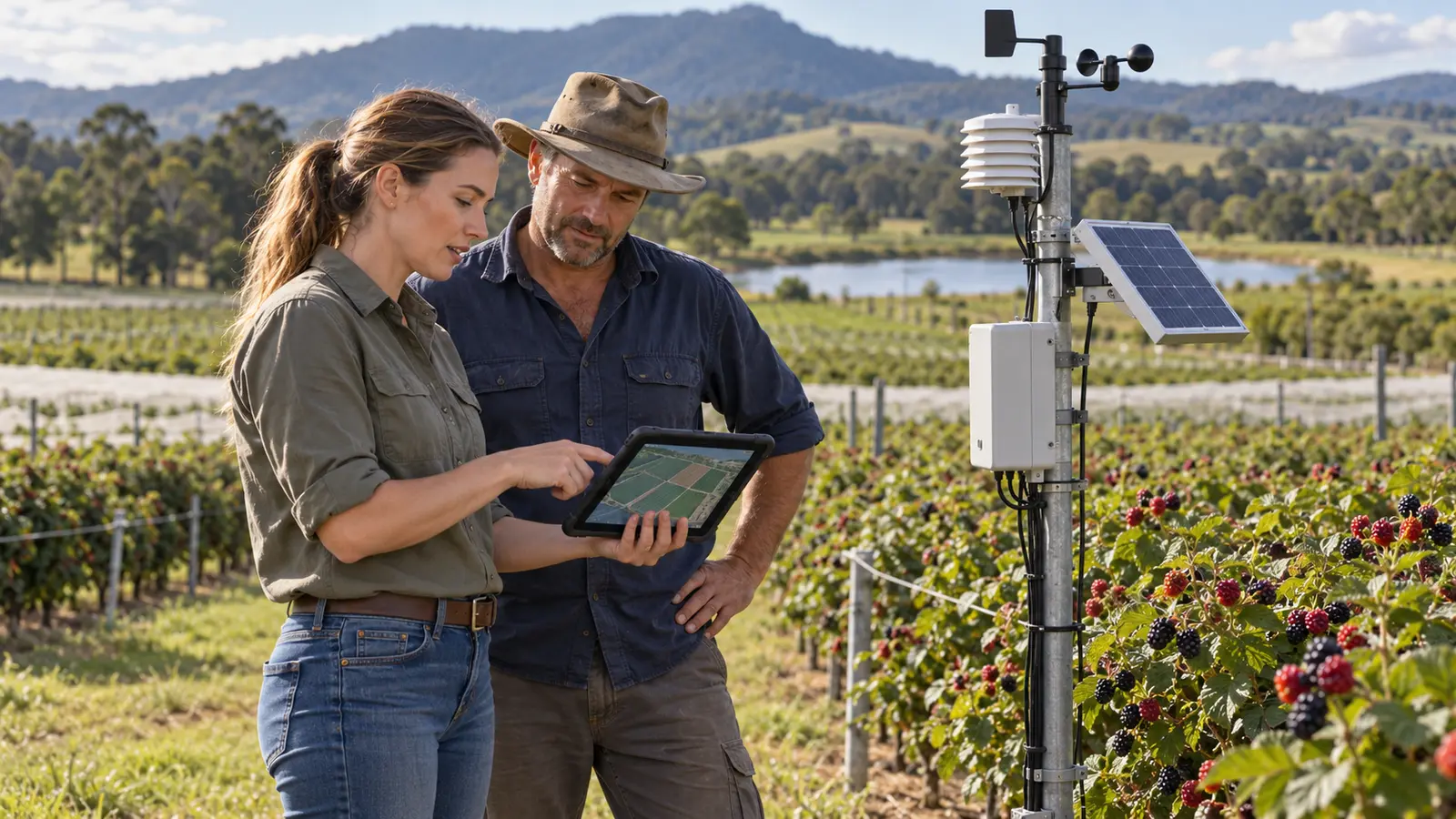 Grower and agronomist reviewing a field gateway